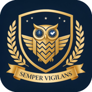 Brasão Vigília Med: coruja vigilante com o lema Semper Vigilans